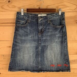Y2K Denim Mini Skirt Maurice's Size 5/6 Embroidered Red Ants Vented Distressed